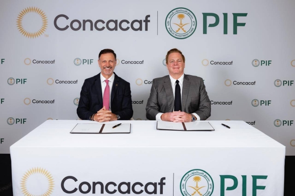 CONCACAF President and FIFA Vice President Victor Montagliani and PIF’s Chief Brand Officer Mohammed Al Sayyad announce the partnership.