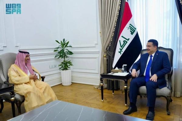 Iraqi Prime Minister Mohammed Shia Al-Sudani holds talks with Saudi Minister of Foreign Affairs Prince Faisal bin Farhan in Baghdad on Thursday.
