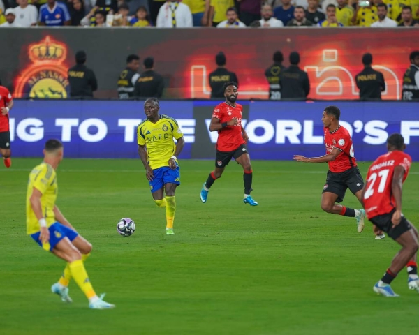 Portuguese star Cristiano Ronaldo, the captain of Al Nassr, opened his and the team's scoring for the new season with a brilliant goal, heading in a cross from Sadio Mané in the 34th minute. (SPL)