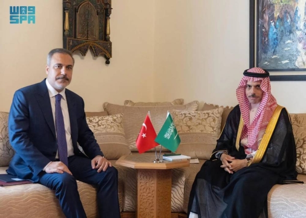 Saudi Minister of Foreign Affairs Prince Faisal bin Farhan holds talks with the Turkish Minister of Foreign Affairs Hakan Fidan in Cairo on Tuesday.
