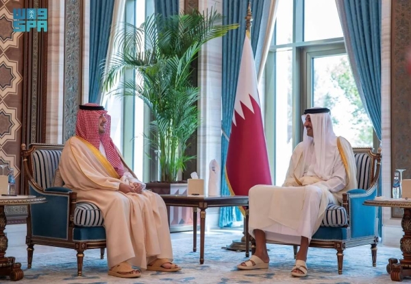 Qatari Emir Sheikh Tamim bin Hamad Al-Thani holds talks with Saudi Minister of Interior Prince Abdulaziz bin Saud bin Naif in Doha on Thursday.