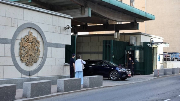 A car leaves Britain's embassy in Moscow on Friday