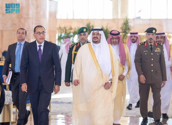 Deputy Emir of Riyadh Prince Mohammed bin Abdulrahman receives Egypt's Prime Minister Dr. Mostafa Madbouly in Riyadh on Sunday.