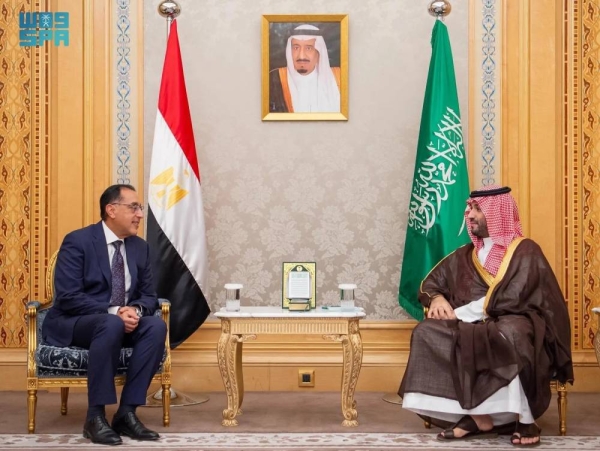 Saudi Crown Prince and Prime Minister Mohammed bin Salman holds talks with Egyptian Prime Minister Dr. Mostafa Madbouly in Riyadh on Monday.
