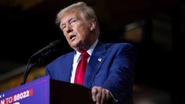 Former President and current Republican Presidential nominee Donald Trump speaks at Alro Steel on August 29, 2024, in Potterville, Michigan