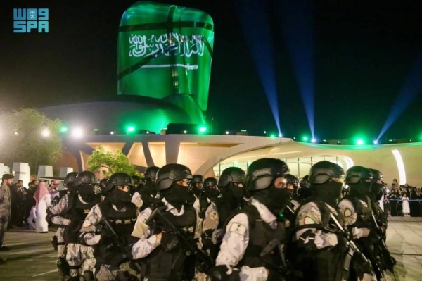 Military parades at the King Abdulaziz Center for World Culture (Ithra) in the Eastern Province to mark Saudi Arabia’s 94th National Day celebrations.

