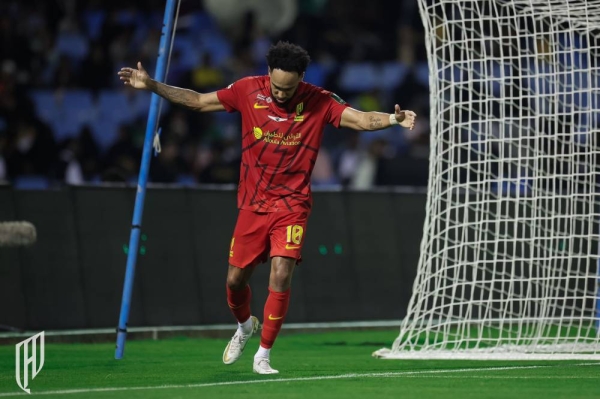 Pierre-Emerick Aubameyang celebrates his first goal with Al Qadsiah. 