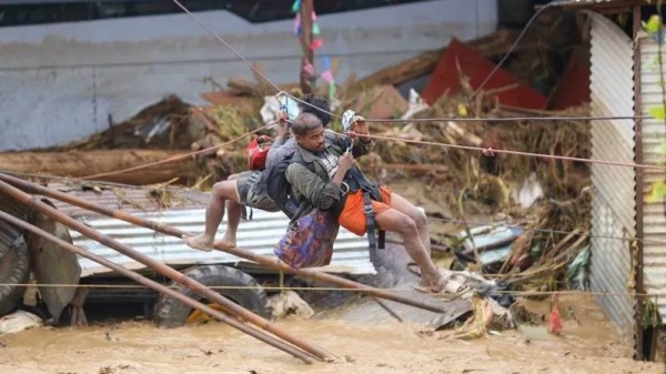 Police rescue stranded people using a zipline in Lalitpur, Nepal