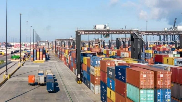 Shipping containers stacked high at the Port of Houston Authority on September 20, 2024 in Harris County, Texas