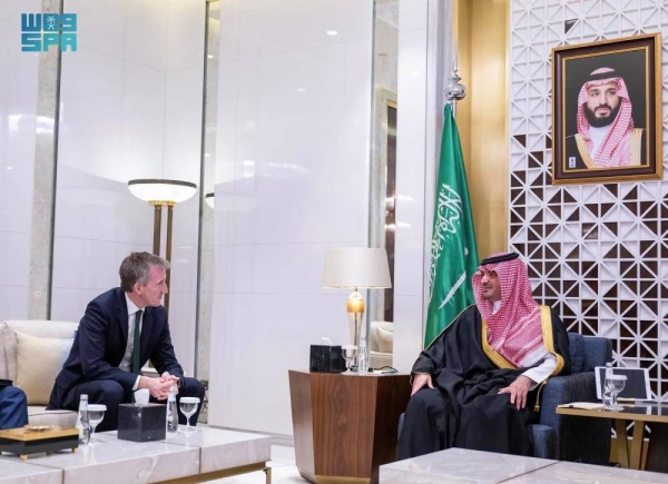 Saudi Minister of Interior Prince Abdulaziz bin Saud bin Naif holds talks with British Minister of State for Security Dan Jarvis in Riyadh on Tuesday.