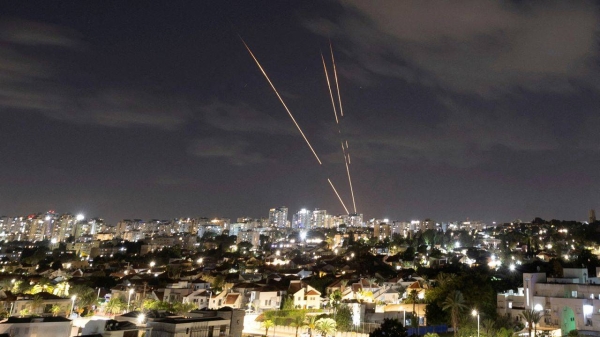 Israel's Iron Dome anti-missile system intercepts rockets after Iran fired a salvo of ballistic missiles, as seen from Ashkelon, Israel, on October 1, 2024.