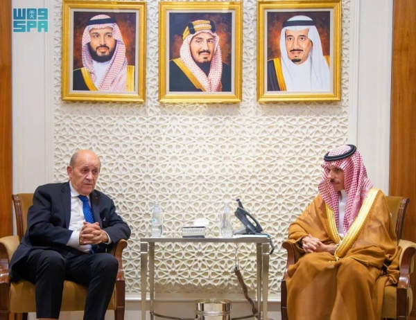 Saudi Minister of Foreign Affairs Prince Faisal bin Farhan meets French President Emmanuel Macron’s Special Envoy to Lebanon Jean-Yves Le Drian in Riyadh on Wednesday.