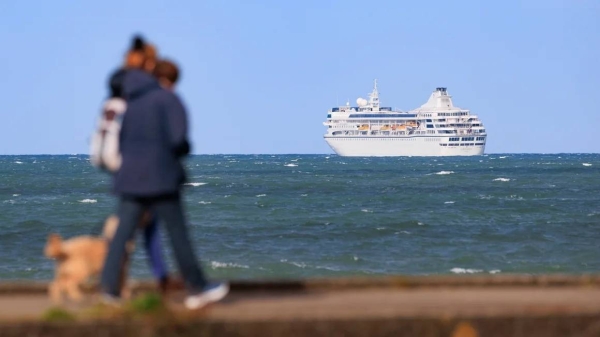 Villa Vie Odyssey, which was originally scheduled to set off in May, is currently anchored off the coast of Bangor, Northern Ireland