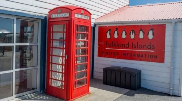 A classic British red phone box is pictured outside the Falkland Islands visitors center in Port Stanley