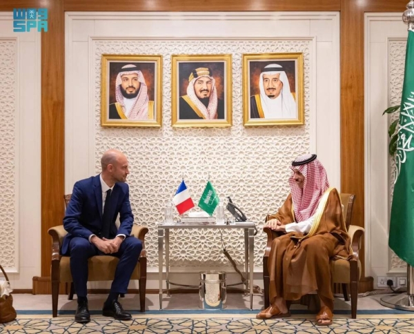 Saudi Minister of Foreign Affairs Prince Faisal bin Farhan holds talks with Minister for Europe and Foreign Affairs of France Jean-Noël Barrot in Riyadh on Saturday.

