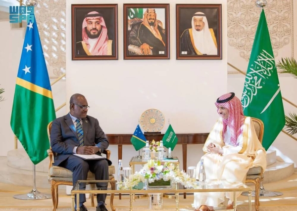 Saudi Minister of Foreign Affairs Prince Faisal bin Farhan holds talks with Prime Minister of the Solomon Islands Jeremiah Manele in Riyadh on Sunday.

