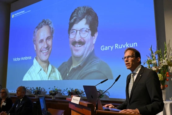 Nobel Committee Secretary General Thomas Perlmann speaks to the media in front of a picture of this year's laureates Victor Ambros and Gary Ruvkum during the announcement of the Nobel Prize in medicine winners on Monday