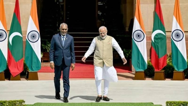 Muizzu (left) and Modi (right) held talks on Monday during the Maldives president's visit to India