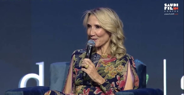 Helen Hoehne, president of the Golden Globes organization, speaking at the second edition of the Saudi Film Confex in Riyadh on Wednesday.