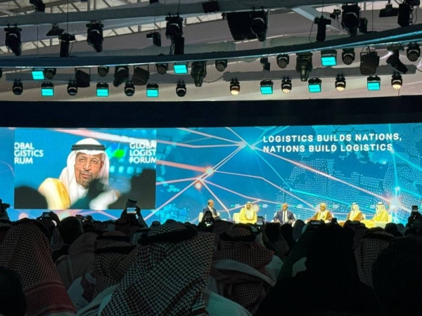 Minister of Investment Khalid Al-Falih addressing the Global Logistics Forum in Riyadh on Sunday.