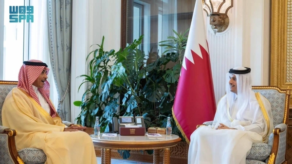 Saudi Minister of Media Salman Al-Dossary holds talks with Qatar’s Prime Minister and Foreign Minister Sheikh Mohammed bin Abdulrahman bin Jassim Al-Thani in Doha on Sunday.
