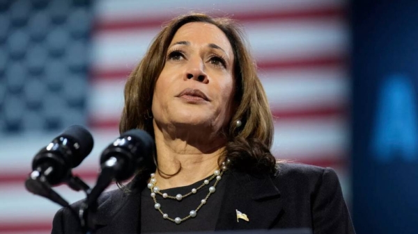 Democratic presidential nominee Vice President Kamala Harris speaks during a campaign rally at Erie Insurance Arena, in Erie, Pa.,