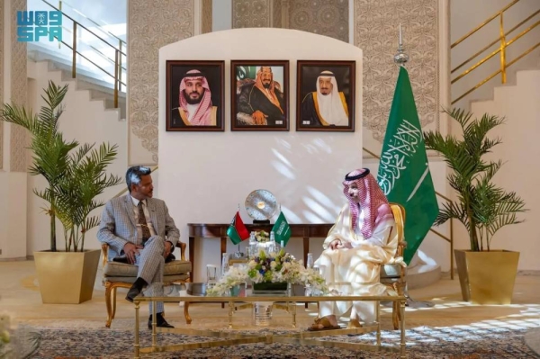 Minister of Foreign Affairs Prince Faisal bin Farhan holds talks with Vanuatu's Deputy Prime Minister, Minister of Foreign, International Cooperation and External Trade Matai Seremaiah Nawalu in Riyadh on Sunday.