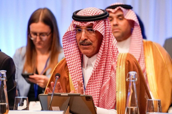 Saudi Finance Minister Mohammed Al-Jadaan addressing the 21 IDA Ministerial Roundtable meeting in Washington.