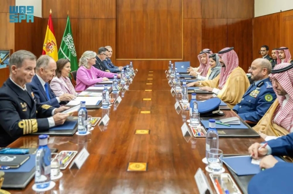 Spanish Defense Minister Margarita Robles receives Saudi Minister of Defense Prince Khalid bin Salman in Madrid on Thursday.