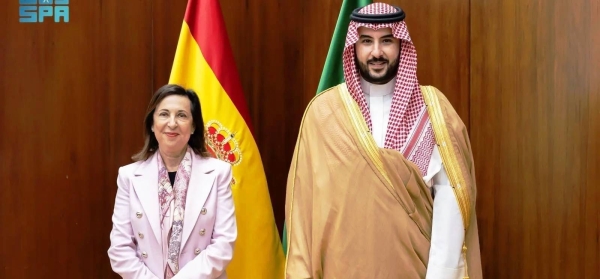 Spanish Defense Minister Margarita Robles receives Saudi Minister of Defense Prince Khalid bin Salman in Madrid on Thursday.