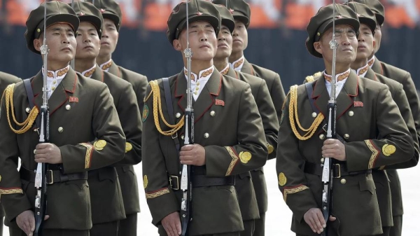 North Korean soldiers stand at attention during a military parade in Pyongyang, North Korea