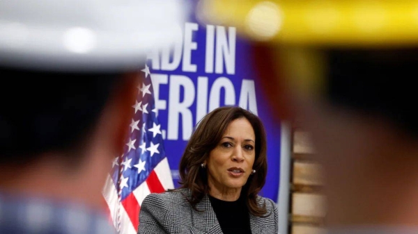 Vice President Kamala Harris speaks in Hemlock, Michigan, on October 28, 2024