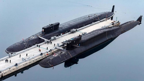 Russian nuclear submarines Prince Vladimir, above, and Yekaterinburg are harbored at a Russian naval base in Gazhiyevo, Kola Peninsula, Russia, 13 April 2021