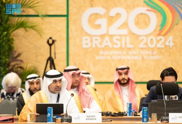 Saudi Minister of Health Fahd Al-Jalajel addressing the G20 joint finance and health ministerial meeting in Rio De Janeiro, Brazil.
