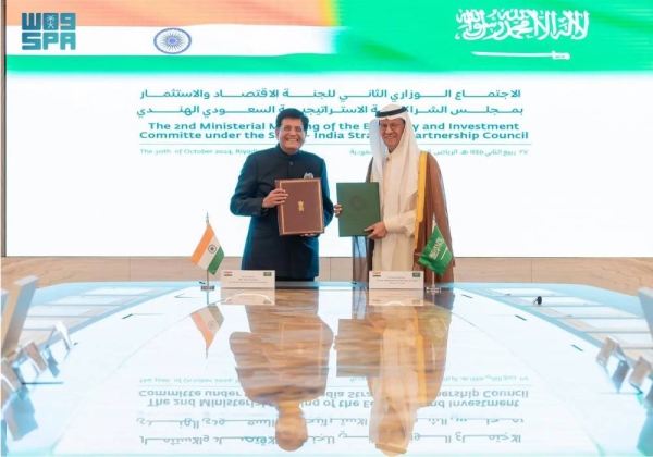 Saudi Minister of Energy Prince Abdulaziz bin Salman and India's Minister of Commerce and Industry Piyush Goyal during their meeting in Riyadh on Thursday.

