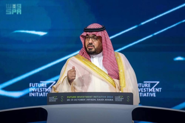 Saudi Minister of Economy and Planning Faisal Al-Ibrahim delivers his opening speech in the 8th Future Investment Initiative conference in Riyadh on Thursday.
