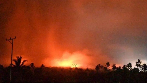 Footage shows houses burned and damaged by the rain of rocks