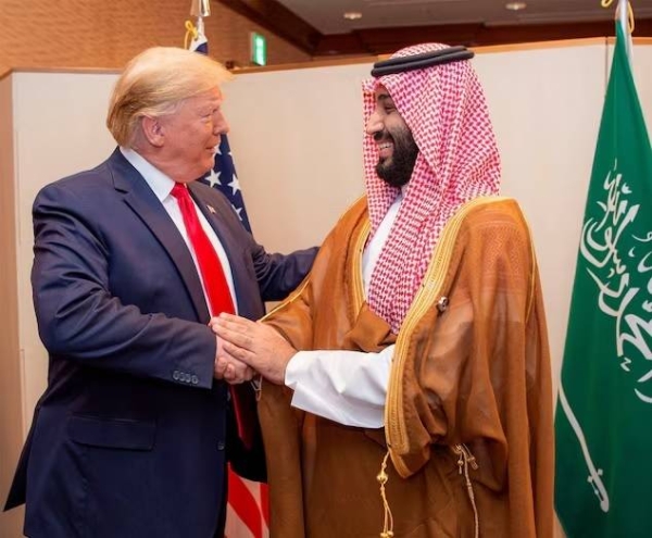 Saudi Crown Prince and Prime Minister Mohammed bin Salman shakes hands with U.S. President Donald Trump at the G20 leaders summit in Osaka, Japan in June 2019. (File photo)
