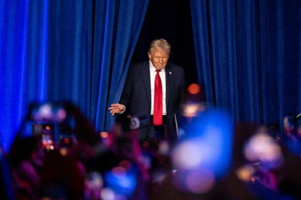 Former President Donald Trump emerges to speak at the Palm Beach County Convention Center in West Palm Beach, Florida, on Wednesday, November 6, 2024