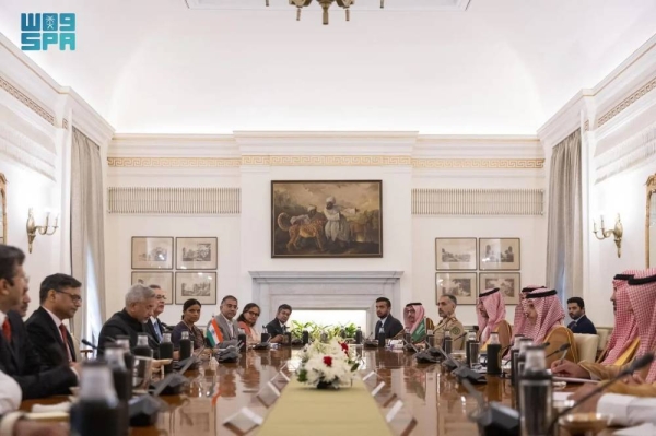 India's External Affairs Minister Dr. Subrahmanyam Jaishankar receives Saudi Minister of Foreign Affairs Prince Faisal bin Farhan in New Delhi on Wednesday.