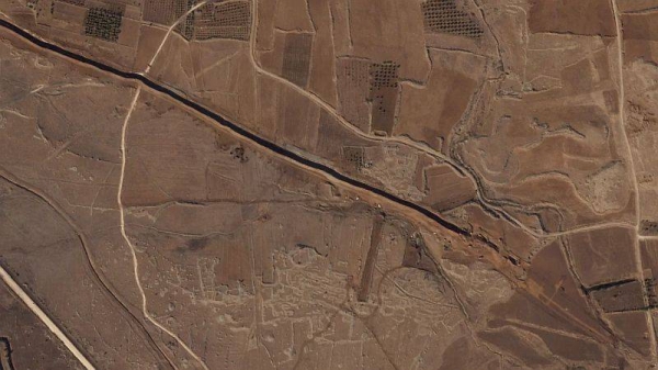 This satellite image from Planet Labs PBC shows Israeli forces digging along the Alpha Line separating the Israeli-occupied Golan Heights from a demilitarized zone in Syria patrolled by United Nations forces on Nov. 5, 2024