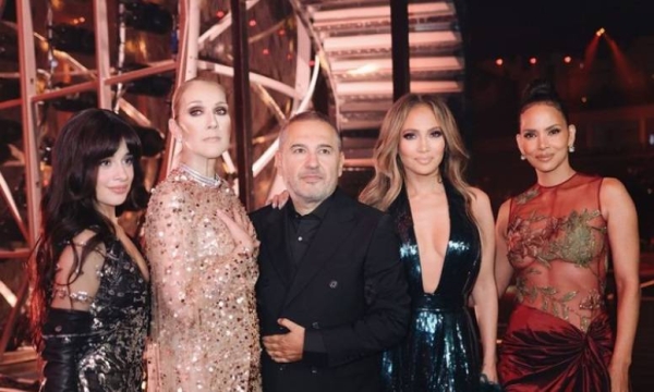 Elie Saab shares a moment with Celine Dion, Jennifer Lopez, and Camila Cabello at his 45th-anniversary celebration.