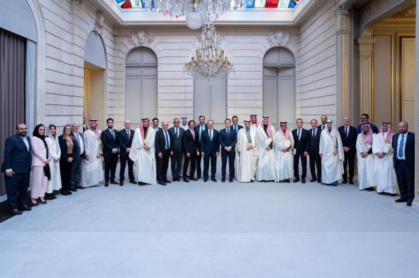 French President Emmanuel Macron and Saudi Minister of Investment Eng. Khalid Al-Falih attend a meeting of French and Saudi business leaders in Paris on Saturday.
