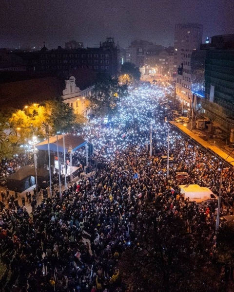 Thousands of protesters gather to mark the 35th anniversary of the Velvet Revolution in Bratislava, 17 November, 2024