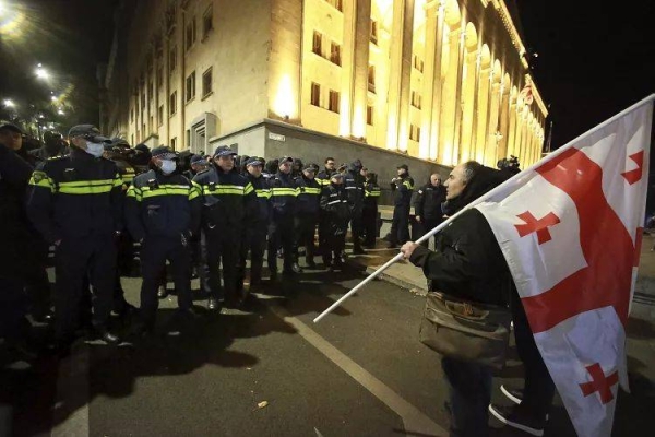 A protester waves the Georgian flag during an anti-government rally in Tbilisi, 24 November