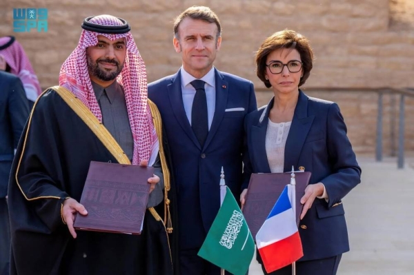 French President Emmanuel Macron tours the historic Turaif District in Diriyah on Tuesday.