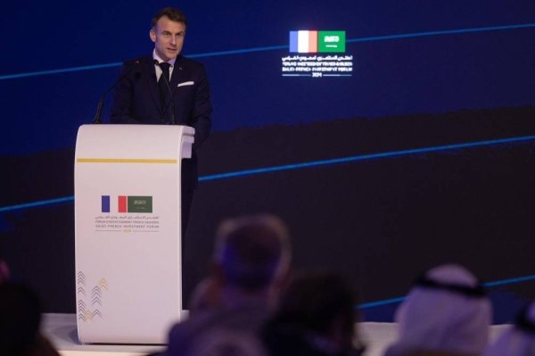 French President Emmanuel Macron addressing the Saudi-French Investment Forum in Riyadh on Tuesday.