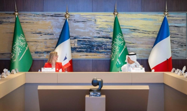 Saudi Minister of Energy Prince Abdulaziz bin Salman meets French Minister for Energy Transition, Climate, and Risk Agnès Pannier-Runacher in Riyadh on Tuesday.