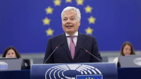 European Commissioner for Justice Didier Reynders delivers a speech at the European Parliament in Strasbourg, June 14, 2023