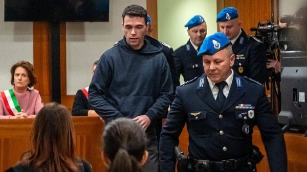 Filippo Turetta enters the court in Venice before the murder verdict was read out on Tuesday